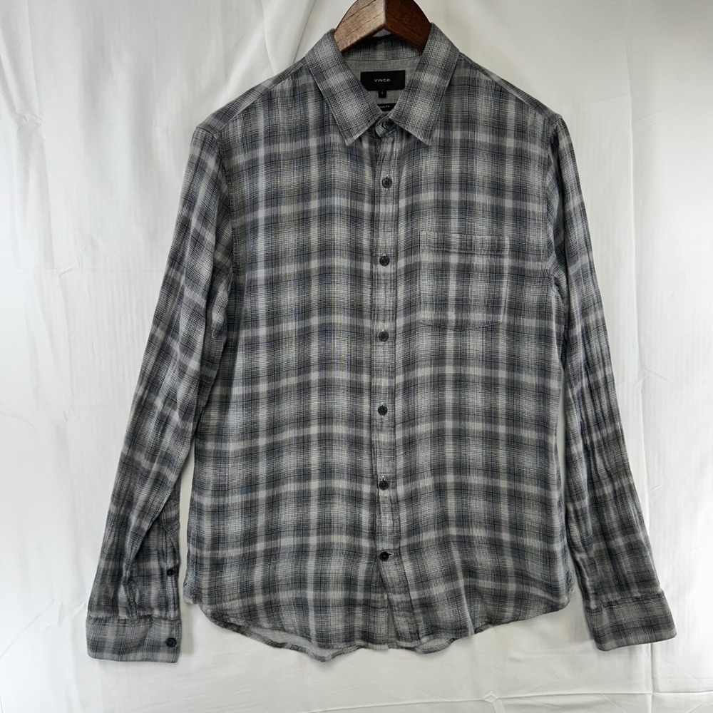 Vince Button Up Shirt Mens Small Grey Plaid Long Sleeve M58301385